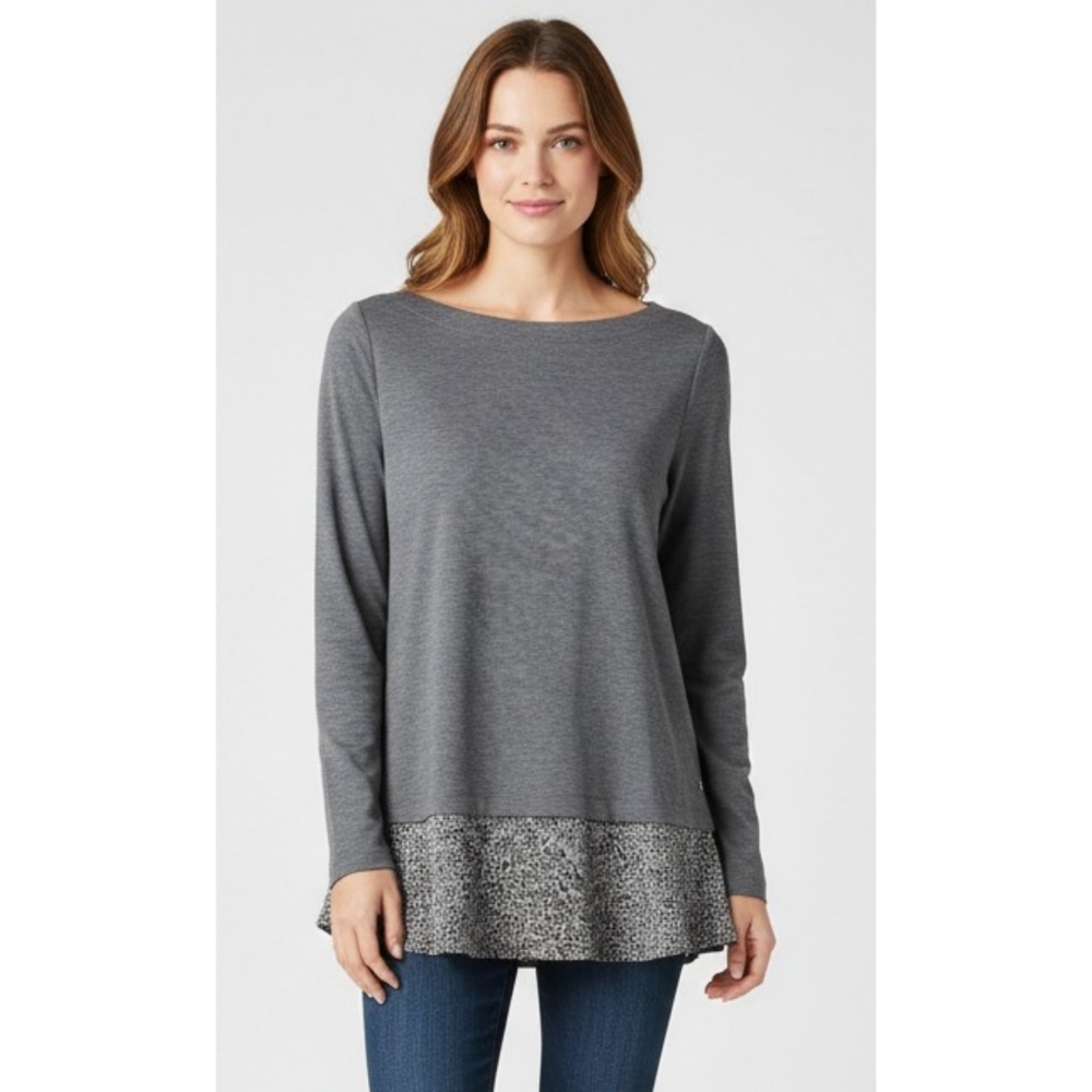Loft Boatneck Faux Layer Leopard Print Knit Top Gray Size M